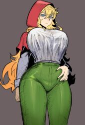 big_breasts blonde_hair blue_eyes breasts cameltoe child_bearing_hips curvaceous curves curvy curvy_body curvy_female curvy_figure curvy_hips grabbing_hips grabbing_waist grimm grimm_(red_hood) hips hips_grab hood hood_up huge_breasts large_breasts legs nyxkz red_hood tagme_(character) the_hunters_guild:_red_hood thick thick_legs thick_thighs tight_clothing tight_pants waist waist_grab wide_hips