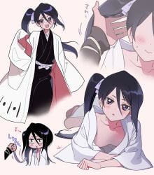 1girls abarai_renji black_hair bleach blush haori kimono kuchiki_rukia milf oki_niha_hana petite renji_abarai small_breasts tied_hair