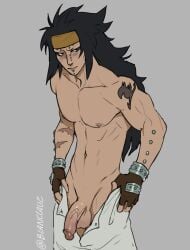 1boy black_hair blanclauz fairy_tail flaccid gajeel_redfox long_hair male_only muscular nude open_pants penis piercing simple_background sole_male solo standing