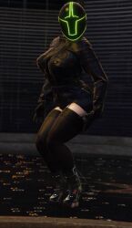 3d boots female_focus female_only femsub grand_theft_auto grand_theft_auto_online gta_online_female_character helmet huge_breasts leather_boots leather_jacket looking_at_viewer masked_female peteypelly posing raining skirt solo thighhighs