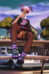 1girls 3d artsbyronin blender callisto_(fortnite) female fortnite fortnite:_battle_royale headphones lenses looking_at_viewer park pink_hair seductive showing_pussy sitting_on_table star_tattoo