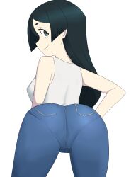 1girls ass barbara_parker black_hair denim jeans little_witch_academia looking_at_viewer looking_back oksandio sleeveless_shirt tagme white_background