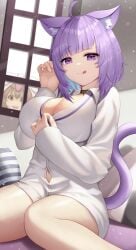 animal_ear_fluff animal_ears bangs blush breast_pocket breasts button_gap cat_ears cat_girl cat_tail collar collared_shirt dot_nose dress_shirt female groin hair_between_eyes hand_up highres hololive hololive_gamers hololive_japan inugami_korone large_breasts long_sleeves looking_at_viewer naked_shirt navel nekomata_okayu oerba_yun_fang open_mouth partially_unbuttoned pocket roina shirt simple_background solo tail tail_raised virtual_youtuber white_shirt