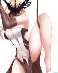 1girls blonde_hair blush clothed genshin_impact light-skinned_female light_skin milf one_leg_up signora_(genshin_impact) solo solo_female stukov thick_thighs