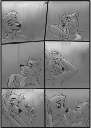 aariel anthro axel bodily_fluids canid canine comic cum cum_in_mouth cum_inside cum_on_face duo genital_fluids hi_res kissing male male/male male_penetrating mammal penetration wolfyalex96