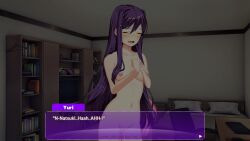 1girls bed bedroom books closed_eyes cunnilingus doki_doki_literature_club eating_out eating_pussy english_text female female/female female_only licking_pussy moaning naked natsuki_(doki_doki_literature_club) no_clothes nude open_mouth pink_hair purple_hair purple_text_box solo text text_box tv white_text yuri yuri_(doki_doki_literature_club)