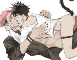 2boys after_anal after_sex animal_ears arm_tattoo ass black_hair black_nails black_shirt blush cat_ears cat_tail choker couple cum cum_in_ass erection eye_contact facial_tattoo french_kiss fushiguro_megumi hand_on_another's_ear highres jujutsu_kaisen kissing looking_at_another lying lying_on_person makababazi male_focus male_only multi_eye multiple_boys muscular muscular_male off_shoulder open_clothes open_shirt panties pants penis pink_hair red_choker red_eyes ryoumen_sukuna_(jujutsu_kaisen) shirt short_hair simple_background size_difference spiked_hair stomach_tattoo tail tattoo thigh_strap thighs tongue_suck undercut underwear white_panties white_shirt yaoi