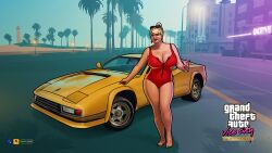 bare_shoulders barefoot blonde_hair car cleavage collarbone grand_theft_auto grand_theft_auto:_vice_city huge_breasts leotard logo mila_kuznetsova milf prostitution red_lipstick redfill rockstar_games short_hair sunglasses text