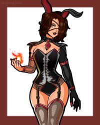 1girls black_hair bunny_costume cinder_fall clothed_female dominatrix fireball golden_eyes laughing_fish rwby