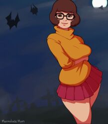 1girls 2d animated animated_gif ass bottomless bottomless_skirt breasts brown_eyes brown_hair bubble_butt dat_ass female female_only gif glasses graveyard implied_no_panties large_breasts lips marmalade_mum marmalademum no_panties scooby-doo side_ass skirt solo sweater thick_thighs thighs upskirt velma_dinkley well_animated