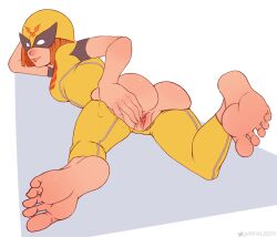 1girls 2022 adult_swim ass birdgirl_(character) birdgirl_(series) bodysuit bottomless feet flat_colors greencash hanna-barbera harvey_birdman_attorney_at_law judy_ken_sebben lying mask presenting_hindquarters pussy short_hair soles solo spreading superheroine torn_bodysuit