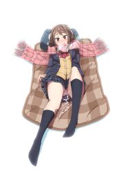 1girls after_sex bangs black_jacket black_socks blue_skirt blush bow bowtie breasts breath brown_eyes brown_hair buttons closed_mouth commentary cum cum_in_pussy cumdrip dated_commentary earmuffs female full_body futon happy head_tilt highres jacket knee_up long_hair long_sleeves looking_at_viewer lying miniskirt no_panties nose_blush on_back open_clothes open_jacket original pillow plaid plaid_scarf plaid_skirt pleated_skirt pocket red_bow red_bowtie red_scarf scarf school_uniform shapoco shiny shiny_hair sidelocks simple_background skirt small_breasts smile socks solo sweater upskirt white_background winter_clothes yellow_sweater