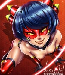 asian_female blue_hair brown_eyes female foxyart heroine hi_res highres kagami_tsurugi looking_at_viewer lust lustful_energy lustful_gaze miraculous_ladybug perspective perspective_shot ryuko_(character) smile_at_viewer smiling_at_viewer smirk superheroine