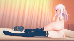 1girls 3d ass ass_focus bag bed breasts curtains fire_emblem fire_emblem:_three_houses jollyoldsoldier koikatsu legs long_legs lying_on_bed lying_on_side lysithea_von_ordelia nipples nude purple_eyes pussy rear_view small_breasts smile thighhighs white_hair