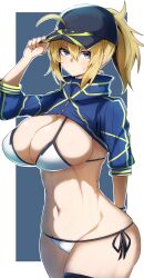 1girls 2022 ahoge artoria_pendragon belly_button bikini blonde_hair blue_eyes blush breasts cropped_jacket embarrassed fate/grand_order fate_(series) female female_only gin_moku hat hi_res hips huge_breasts mysterious_heroine_xx_(foreigner) ponytail side-tie_bikini slim_waist straight_face sweatdrop swimsuit thick_thighs thigh_gap thighs white_bikini wide_hips