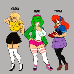 3girls artist_name atomickingboo background big_breasts black_legwear blonde_female blonde_hair breasts busty cleavage clothing curvaceous curvy eyelashes female female_only freckles gamer_girl glasses green_hair high_heels hips hourglass_figure large_breasts legs light-skinned_female light_skin lips long_hair lower_body moni_peiper nerd original original_character original_characters punk_girl red_hair sarah_mcneil short_hair simple_background sunglasses terra_mandrile thick thick_legs thick_thighs thighs tinted_eyewear upper_body voluptuous watermark wide_hips