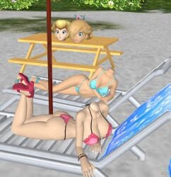 2girls 3d bikini blonde_hair disembodied disembodied_head dullahan female_only headless heeled_sandals inviting inviting_to_sex large_ass large_breasts laying_down laying_on_stomach mario_(series) natural_body_magic nbm nintendo princess_peach princess_rosalina sandals