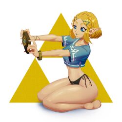 bikini_bottom black_panties blonde_hair blue_topwear breath_of_the_wild camera corbiejack cute female kneeling nintendo no_pants panties pointy_ears princess_zelda selfie short_hair smiling taking_picture tears_of_the_kingdom the_legend_of_zelda zelda_(tears_of_the_kingdom)