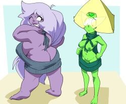 2girls amethyst_(steven_universe) ass ass_cleavage bbw breasts butt_crack curvy green_hair inkershike multiple_girls peridot_(steven_universe) purple_skin reverse_virgin_killer_sweater shortstack standing steven_universe virgin_killer_sweater wardrobe_malfunction