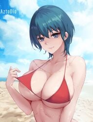 1girls alternate_costume alternate_hairstyle azto_dio aztodio bangs bare_shoulders beach bikini blue_eyes blue_hair blue_sky blush breasts byleth_(fire_emblem) byleth_(fire_emblem)_(female) cleavage collarbone female female female_only fire_emblem fire_emblem:_three_houses large_breasts looking_at_viewer nintendo red_bikini short_hair sky smile solo swimsuit teal_hair