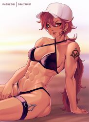 abs baseball_cap bikini draltruist fit_female large_breasts original original_character red_eyes red_hair sitting