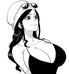 1girls 2022 absurd_res arms_behind_back bare_arms bare_shoulders bb_(baalbuddy) black_and_white breasts cleavage dress dressrosa female female_only hat highres huge_breasts humor long_hair monochrome nico_robin one_piece simple_background smile solo spaghetti_strap sunglasses sunglasses_on_head wavy_hair white_background