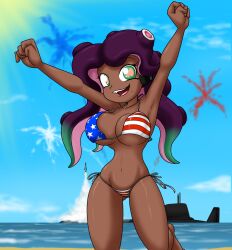 1girls 2021 5_fingers american_flag_bikini beach big_breasts bikini breasts cephalopod cleavage clothed clothing cloud cute_fangs dark-skinned_female dark_body dark_skin day female female_only fingers fireworks flag_bikini green_eyes hands_over_head headphones hi_res humanoid light looking_at_viewer marina_(splatoon) marine missile mollusk multicolored_eyes navel nintendo octarian octoling outside pink_eyes pseudo_hair raised_leg sandwich-anomaly sea seaside sky smile solo splatoon stars_and_stripes submarine sunlight swimwear teeth tentacle tentacle_hair tongue under_boob united_states_of_america vehicle video_games water watercraft