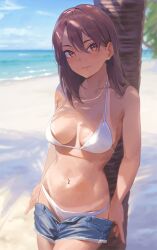 bare_arms bare_legs bare_midriff bare_shoulders bare_thighs beach belly_button bikini bikini_top breasts brown_eyes brown_hair cleavage ear_piercing kinta_(distortion) midriff navel necklace normal_breasts original painting_(artwork) short_shorts shorts sky tan tan_skin tanline tanned tanned_skin undressing water white_bikini