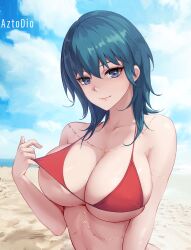 1girls azto_dio aztodio bangs bare_shoulders beach bikini blue_eyes blue_hair blue_sky blush breasts byleth_(fire_emblem) byleth_(fire_emblem)_(female) cleavage collarbone female female_only fire_emblem fire_emblem:_three_houses large_breasts looking_at_viewer medium_hair nintendo red_bikini red_swimsuit sky smile solo swimsuit teal_hair