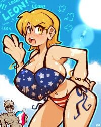 1boy 1girls american_flag_bikini armpits ashley_graham ashley_graham_(brooke_elizabeth_mathieson) beach big_breasts bikini blonde_hair breasts capcom female funny legendofnerd monster nightmare_husbando regenerator resident_evil resident_evil_4 sunglasses tagme thick_thighs