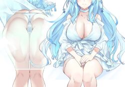 big_breasts blue_hair dress elf glass_table hololive hololive_gen_5 hololive_japan light-skinned_female long_hair necklace sitting thick_thighs virtual_youtuber yukihana_lamy