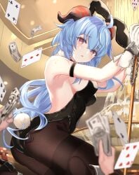 blue_hair bondage bunny_ears bunnysuit ganyu_(genshin_impact) genshin_impact horn long_hair money pantyhose vayneeeee