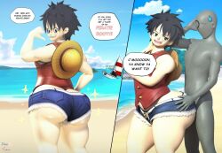 2boys ass_cleavage ass_grab bare_legs big_ass big_butt butt_crack femboy gay hands_on_ass huge_ass large_ass male male/male male_only monkey_d_luffy one_piece shorts sleeveless_shirt straw_hat tagme thick_femboy xscapism