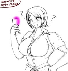 animated brainwashing breast_expansion breasts cleavage danganronpa drool empty_eyes female_only femsub freckles hi_res large_breasts mind_control monochrome mukuro_ikusaba nipples_visible_through_clothing open_mouth phone short_hair slideshow smooth_skin tech_control zarvex3