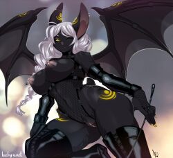 anthro big_breasts breasts chiropteran clothed clothing female genitals hair luckypan mammal nipple_piercing nipples piercing pussy smile solo wings