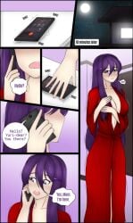 calling cleavage comic comic_page doki_doki_literature_club genkun gnyrkd long_hair motion_lines open_mouth panel phone phone_call purple_eyes purple_hair purple_text red_robe robe text text_bubble time_lapse time_skip yuri_(doki_doki_literature_club)