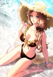 1girls alternate_costume bare_legs beach bikini black_bikini black_swimsuit blonde_hair blue_eyes bracelet breasts brown_bikini brown_swimsuit cleavage collarbone esther-shen female female_only fire_emblem fire_emblem:_three_houses fire_emblem_heroes hat jewelry kneeling kneeling_in_water large_breasts legs long_hair mercedes_von_martritz mercedes_von_martritz_(summer) nail_polish navel nintendo official_alternate_costume paid_reward_available partially_submerged purple_nails sarong see-through signature solo sun_hat swimsuit