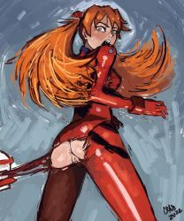 1girls anal_access anus ass asuka_langley_sohryu bodysuit breasts clothing crab_(artist) easy_access embarrassed_nude_female female from_behind light-skinned_female light_skin long_hair mass_production_eva neon_genesis_evangelion open_mouth orange_hair pilot_suit plugsuit pussy tearing_clothes the_end_of_evangelion torn_bodysuit torn_clothes twintails wardrobe_malfunction wide_hips