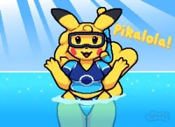 1girl 1girls anthro anthro_only bikini_bottom blonde blonde-haired_female blonde_female blonde_hair blue_bikini clothed clothed_anthro clothed_female clothing female female_anthro female_only furry furry_female furry_only gen_1_pokemon generation_1_pokemon greeting greeting_viewer happy looking_at_viewer mouse ocean okami_tomato pikachu pokemon pokemon_(species) pokemon_rgby red_cheeks scuba scuba_gear scuba_mask shirt shortstack snorkel solo solo_anthro solo_female solo_furry sunbeam tail thick_thighs thighs water watermark waving waving_at_viewer yellow_body yellow_fur yellow_hair