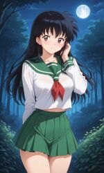 1girls ai_generated anime black_hair brown_eyes clothed curvy female female_only forest green_skirt hand_on_cheek her_brother_drives_a_subaru inuyasha kagome_higurashi long_hair medium_breasts midriff_showing moon night outdoors pleated_skirt sailor_uniform school_uniform schoolgirl self_upload serafuku skirt solo stable_diffusion thighs