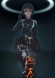 bare_shoulders black_hair blue_eyes bob_cut bodysuit breasts cum cum_on_clothes disney elbow_gloves facial feet footjob gloves halterneck highres large_breasts mars_symbol neon_trim olivia_wilde penis pov_feet quorra sethxzoe short_hair tron tron_legacy