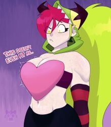 big_breasts breasts cartoon_network demencia_(villainous) dialogue evil_raccoon long_hair massive_breasts miss_heed_(villainous) oerba_yun_fang pale_skin red_hair rouge_the_bat_(cosplay) villainous