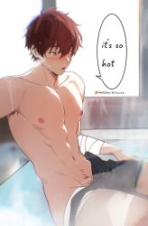 abs alticute armpit_hair bandage bathhouse happy_trail hot_spring male male_focus male_only muscular_male nipples oc pecs pubic_hair sweat sweatdrop sweating sweaty sweaty_body taking_clothes_off