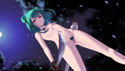ass_visible_through_thighs breasts bug butterfly closed_mouth commentary commission completely_nude double_bun dutch_angle english_commentary falling_petals female full_moon green_hair green_nails hair_bun hair_flaps hair_ribbon highres holding holding_sheath holding_sword holding_weapon hololive hui_yu looking_at_viewer medium_hair moon nail_polish navel night nude outdoors petals pussy red_eyes ribbon sheath small_breasts solo standing stomach sword tree uncensored uruha_rushia virtual_youtuber weapon