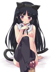 animal_ears black_hair black_legwear black_thighhighs blush breasts cat_ears cat_tail censored crossed_legs feet footjob footjob_with_footwear fur gokou_ruri hama_chon legs_crossed long_hair mole nipples ore_no_imouto_ga_konna_ni_kawaii_wake_ga_nai penis pointless_censoring red_eyes sitting solo tail thighhighs toes uncensored