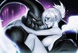 ai_assisted ai_generated aisei angel angel_wings artistic_nude carrying carrying_partner commission couple dramatic_pose hugging league_of_legends league_of_legends:_wild_rift monochrome_background naked naked_breasts riven romantic romantic_couple zac