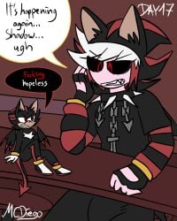 1boy ash_(ashdiary) balls boner bulge bulge_through_clothing bulge_under_clothes chains challenge collar demon dialog dialogue dialogue_box dialogue_bubble edgy emo emo_boy exhibition exhibitionism exhibitionist fur furry fursuit goth goth_boy hairy hairy_balls hairy_body hairy_male male male_only mcdiego no_nut_november oc original original_character outdoor_nudity outside public sega shadow_the_hedgehog shadow_the_hedgehog_(cosplay) skinsuit solo sonic_(series) sonic_the_hedgehog_(series) speech speech_bubble spiked_collar text text_box text_bubble