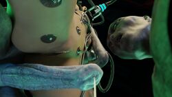 alien alien_abduction bondage bottom_view breast_milking breasts electrodes electrostimulation female knotted_penis machine male milking_machine penis precum_string ralic_turman small_breasts taped_penis tongue_out wet_pussy