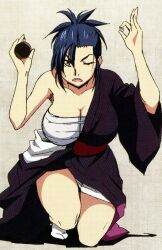 blue_eyes breasts cleavage dice female gambling highres japanese_clothes kimono large_breasts legs manyuu_chifusa manyuu_hikenchou official_art one_eye_closed patterned ponytail reference_sheet sarashi scan simple_background solo straight-on thighs wide_hips