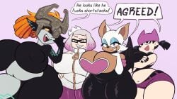 4girls a-gal agal1502 anthro beanie big_breasts black_hair breasts busty chubby crop_top crossover dialogue earings english_text eyeshadow female female_only furry huge_breasts humanoid hyper_ass hyper_breasts imp large_ass large_breasts large_hips midna multiple_girls my_life_as_a_teenage_robot nickelodeon nintendo orange_hair painted_nails pearl_(splatoon) rouge_the_bat sega short_shorts short_stack shortstack simple_background sonic_(series) sonic_the_hedgehog_(series) speech_bubble splatoon text the_legend_of_zelda thick thick_thighs thighs tiff_crust wide_hips